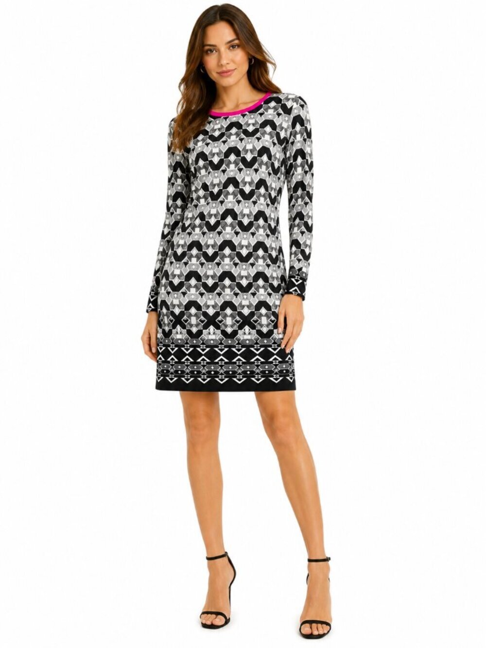 ELIZA J Geometric Knit Long Sleeve Dress Hot Pink Trim Exposed Gold Zip Size 6